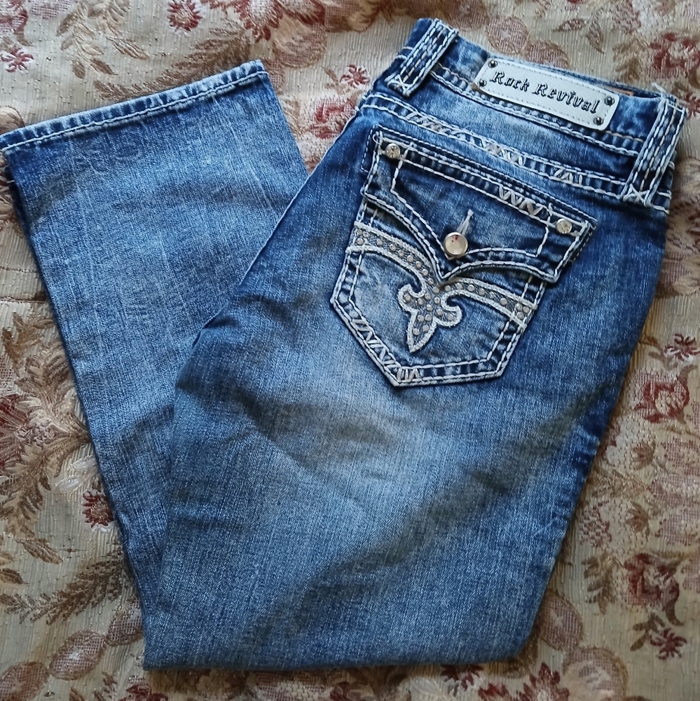 Rock Revival Jillian Capri Blue Denim Jeans W/Embellished Pockets, 30, NWOT